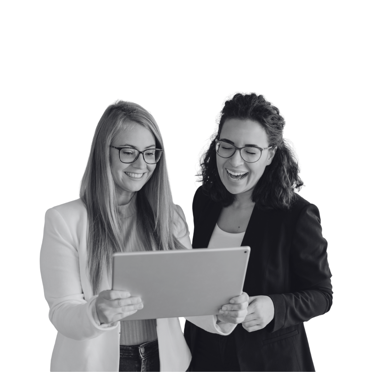 Two legal professionals reviewing a tablet